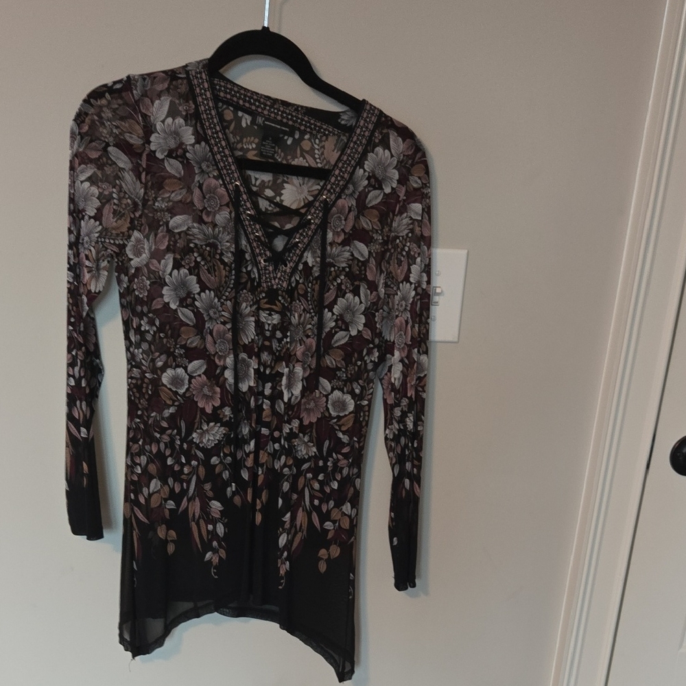 INC International Concepts Floral Lace-Up Blouse - Black and Brown